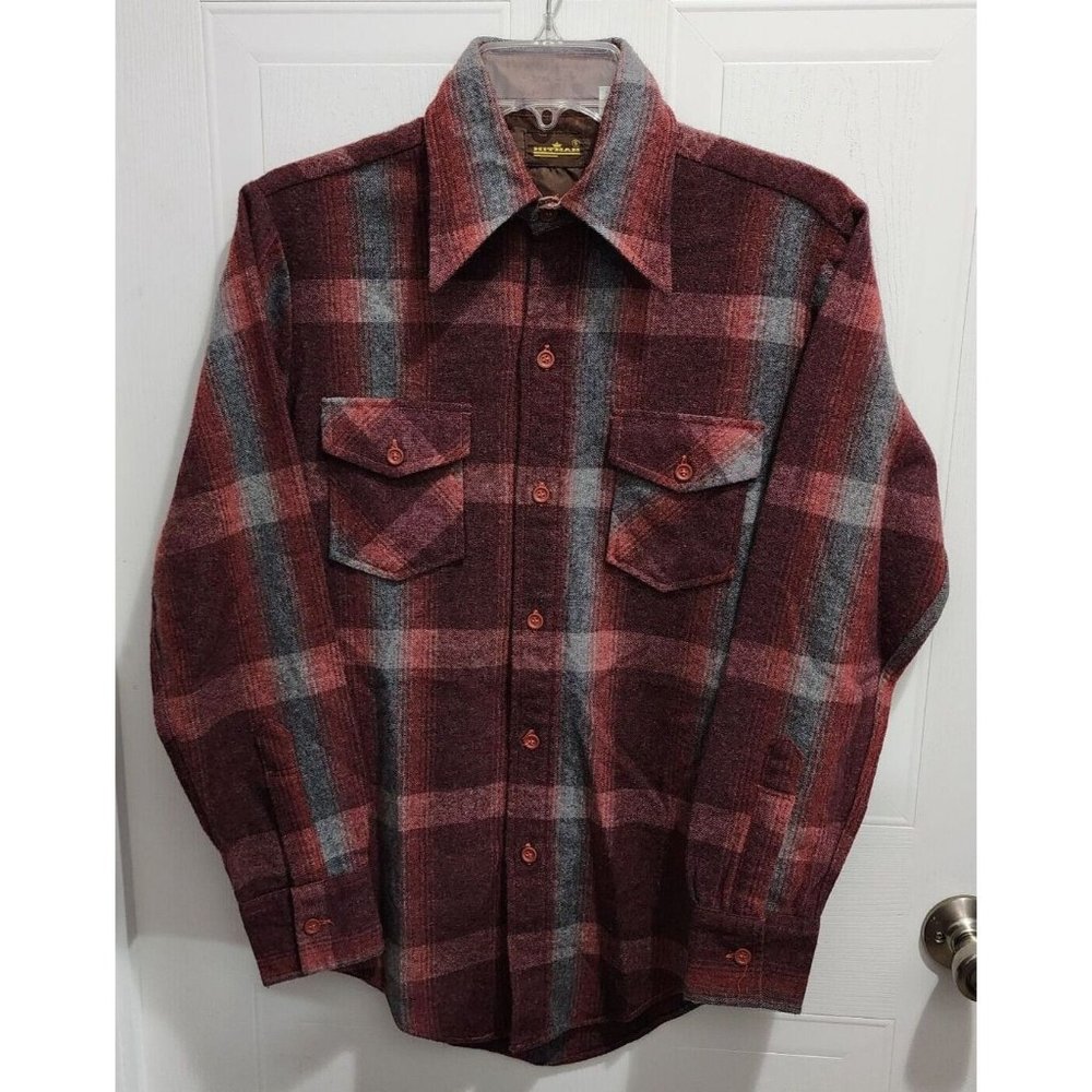 VTG 70s Hitman Red Plaid Flannel Button Long Sleeve Shirt Reprocessed Wool Blend